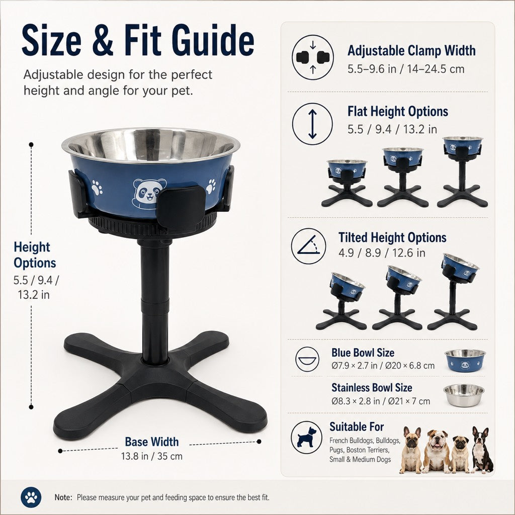 Malloren French Bulldog Adjustable Elevated Tilted Dog Bowl for Kitchen Feeding Corners - 3-Height Stand with Slow Feeder Insert to Reduce Neck Bending & Mess