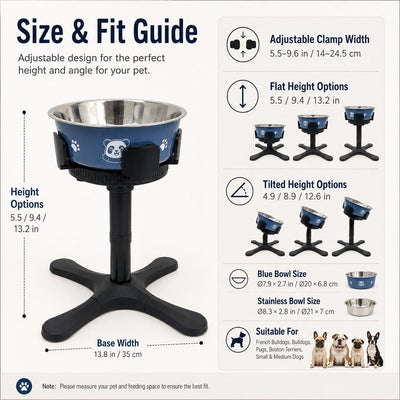Malloren French Bulldog Adjustable Elevated Tilted Dog Bowl for Kitchen Feeding Corners - 3-Height Stand with Slow Feeder Insert to Reduce Neck Bending & Mess