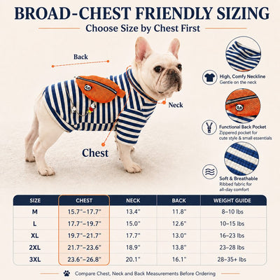 Malloren French Bulldog Striped Pocket Pullover for Cool Indoor Spaces & Easy Walks - Broad-Chest Sizing