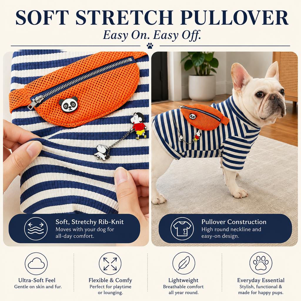 Malloren French Bulldog Striped Pocket Pullover for Cool Indoor Spaces & Easy Walks - Broad-Chest Sizing