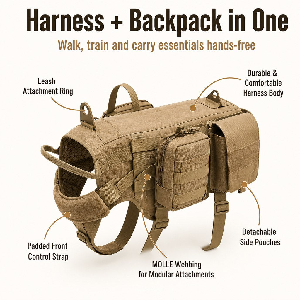 Malloren Tactical Dog Backpack Harness for Hiking & Daily Walks - Detachable Pouches for Gear & Better Control