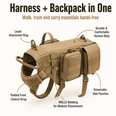 Malloren Tactical Dog Backpack Harness for Hiking & Daily Walks - Detachable Pouches for Gear & Better Control