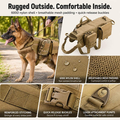 Malloren Tactical Dog Backpack Harness for Hiking & Daily Walks - Detachable Pouches for Gear & Better Control
