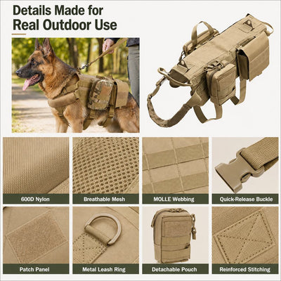 Malloren Tactical Dog Backpack Harness for Hiking & Daily Walks - Detachable Pouches for Gear & Better Control