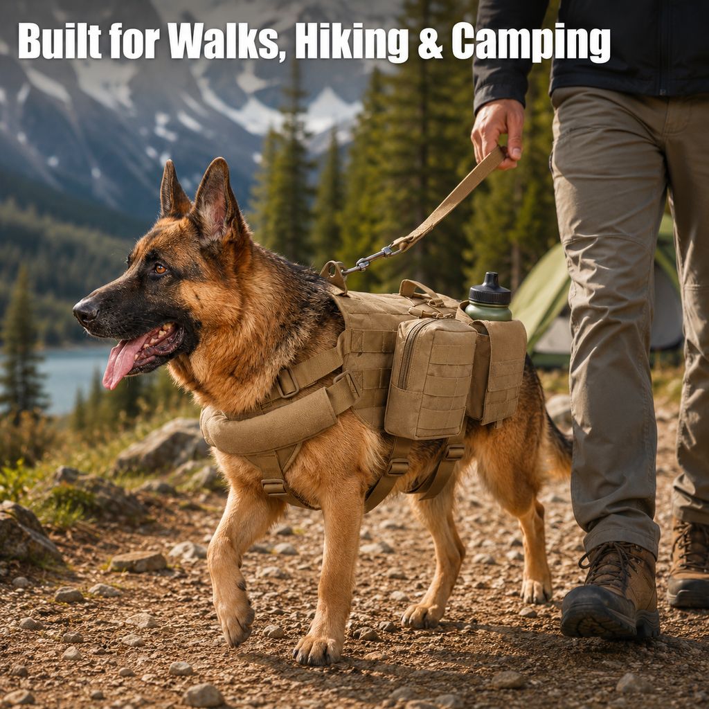 Malloren Tactical Dog Backpack Harness for Hiking & Daily Walks - Detachable Pouches for Gear & Better Control
