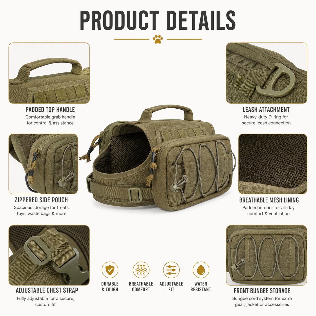 Malloren Tactical Dog Backpack Harness for Hiking, Camping & Daily Walks - Hands-Free Storage for Water, Treats & Poop Bags