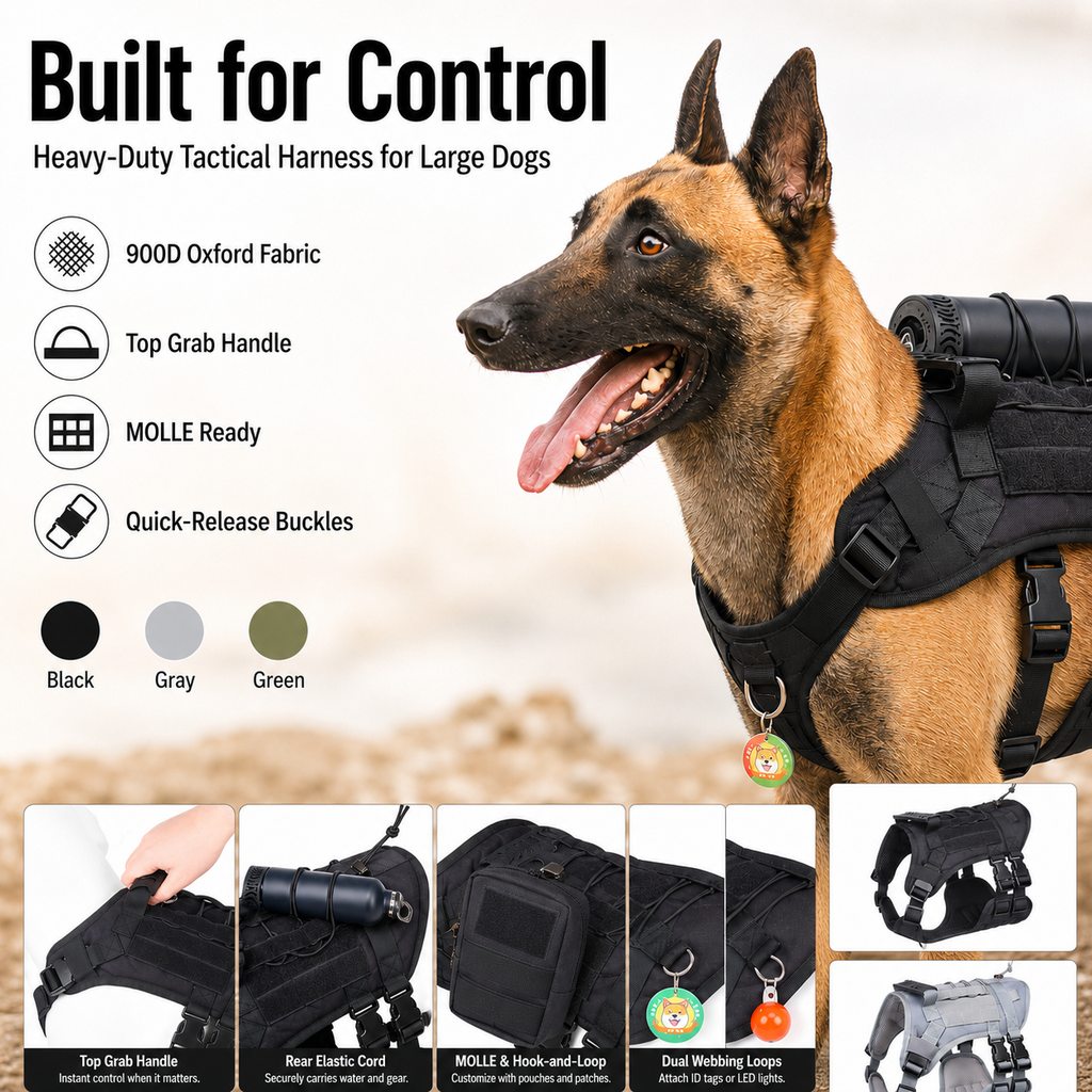 Malloren Tactical Dog Harness Backpack for Large Dogs - Outdoor Walking, Training & Hiking Gear with Load Carrying Pouch