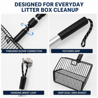 Malloren Telescoping Cat Litter Scoop for Deep Litter Boxes – Long Handle Sifter for Less Bending