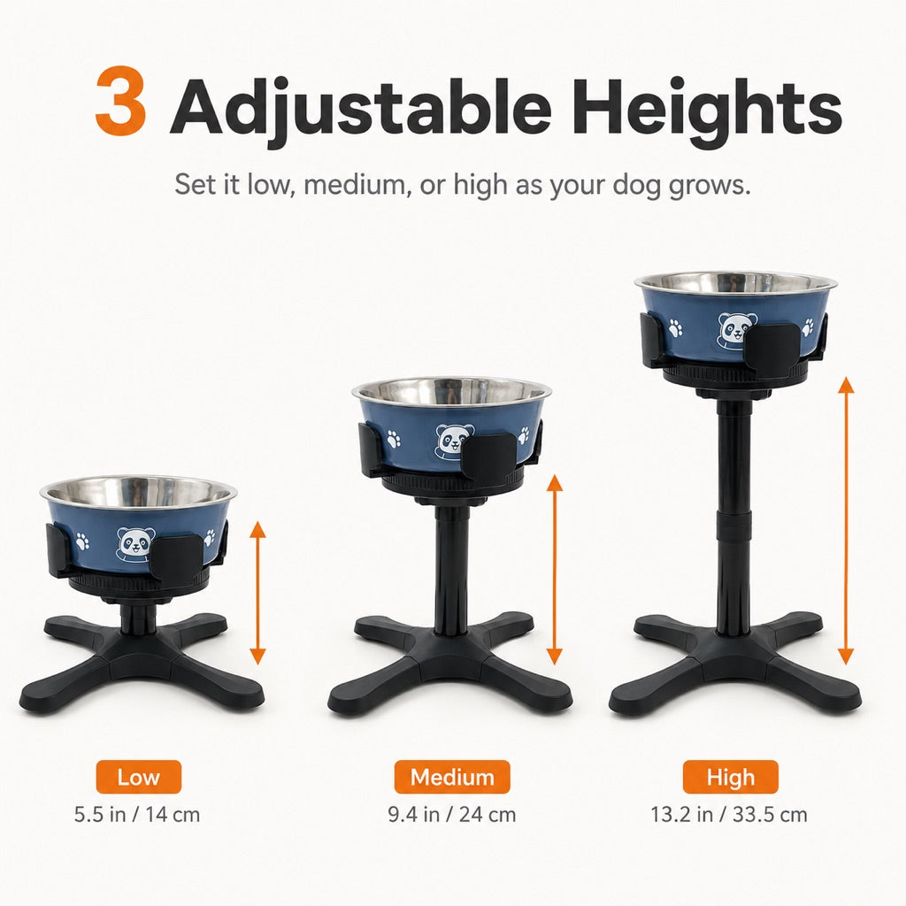 Malloren French Bulldog Adjustable Elevated Tilted Dog Bowl for Kitchen Feeding Corners - 3-Height Stand with Slow Feeder Insert to Reduce Neck Bending & Mess