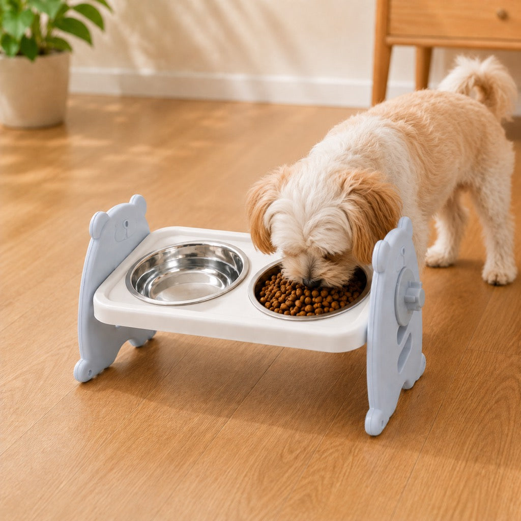 Malloren Adjustable Elevated Stainless Steel Pet Bowls for Cats & Small Dogs - Tilted Feeding Station for Easier Mealtime & Less Floor Mess