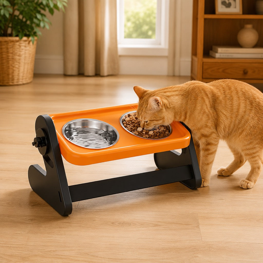 Malloren Adjustable Elevated Stainless Steel Pet Bowls for Cats & Small Dogs - Tilted Feeding Station for Easier Mealtime & Less Floor Mess