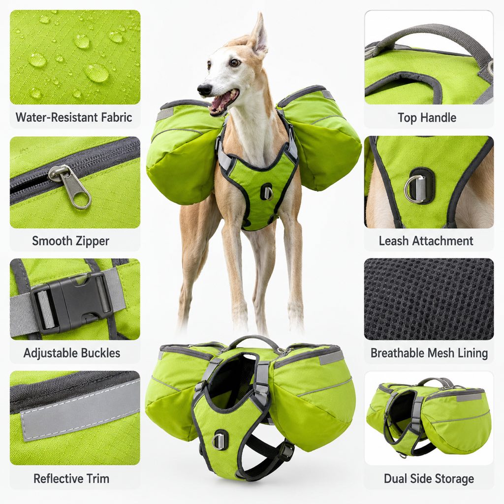 Malloren Dog Saddlebag Backpack Harness for Hiking & Camping - Hands-Free Storage for Water, Treats & Trail Essentials