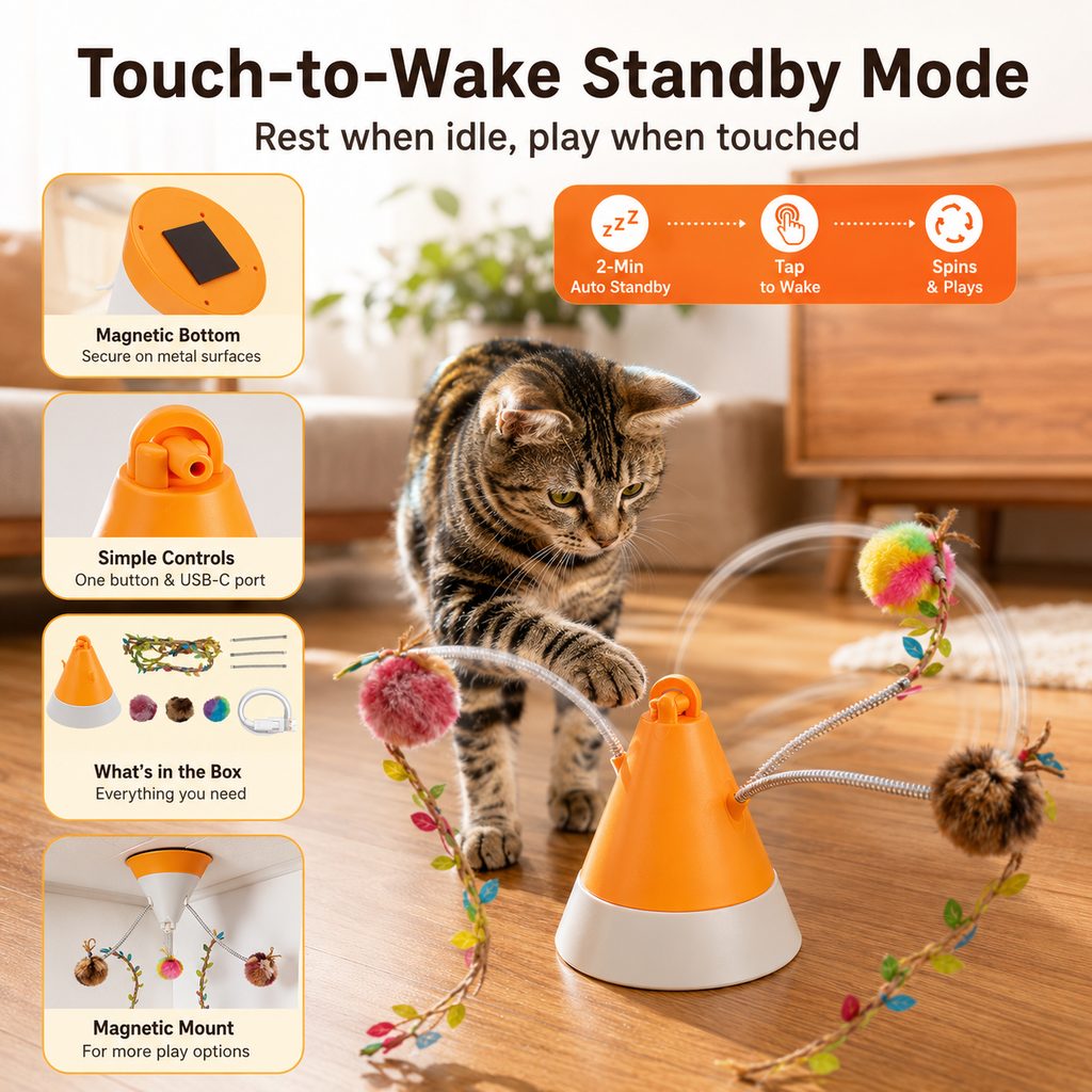 Malloren MiaSpin 360 Magnetic Rotating Cat Teaser Toy for Indoor Cats - USB-C Hands-Free Play to Beat Boredom