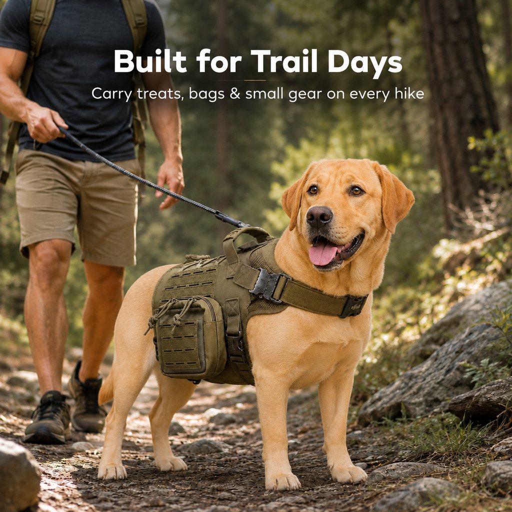 Malloren TrailGuard K9 Tactical Dog Backpack Harness with Dual Side Pouches for Hiking, Camping & Outdoor Walks