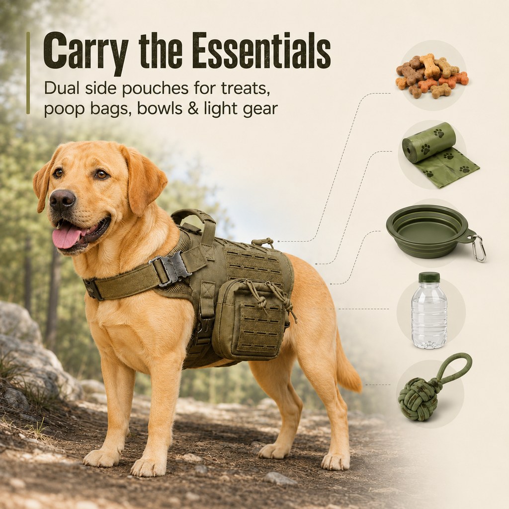 Malloren TrailGuard K9 Tactical Dog Backpack Harness with Dual Side Pouches for Hiking, Camping & Outdoor Walks