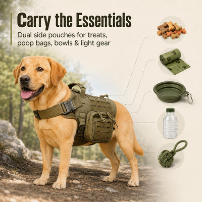 Malloren TrailGuard K9 Tactical Dog Backpack Harness with Dual Side Pouches for Hiking, Camping & Outdoor Walks