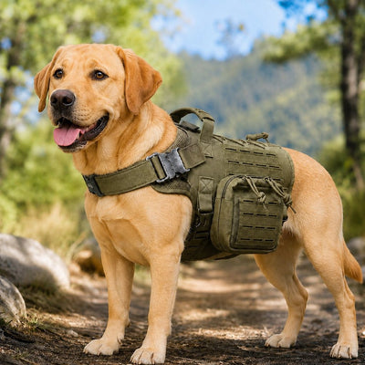 Malloren TrailGuard K9 Tactical Dog Backpack Harness with Dual Side Pouches for Hiking, Camping & Outdoor Walks
