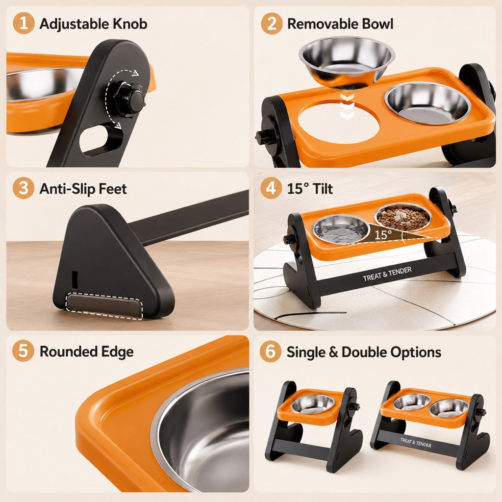 Malloren Adjustable Elevated Stainless Steel Pet Bowls for Cats & Small Dogs - Tilted Feeding Station for Easier Mealtime & Less Floor Mess