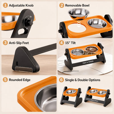 Malloren Adjustable Elevated Stainless Steel Pet Bowls for Cats & Small Dogs - Tilted Feeding Station for Easier Mealtime & Less Floor Mess
