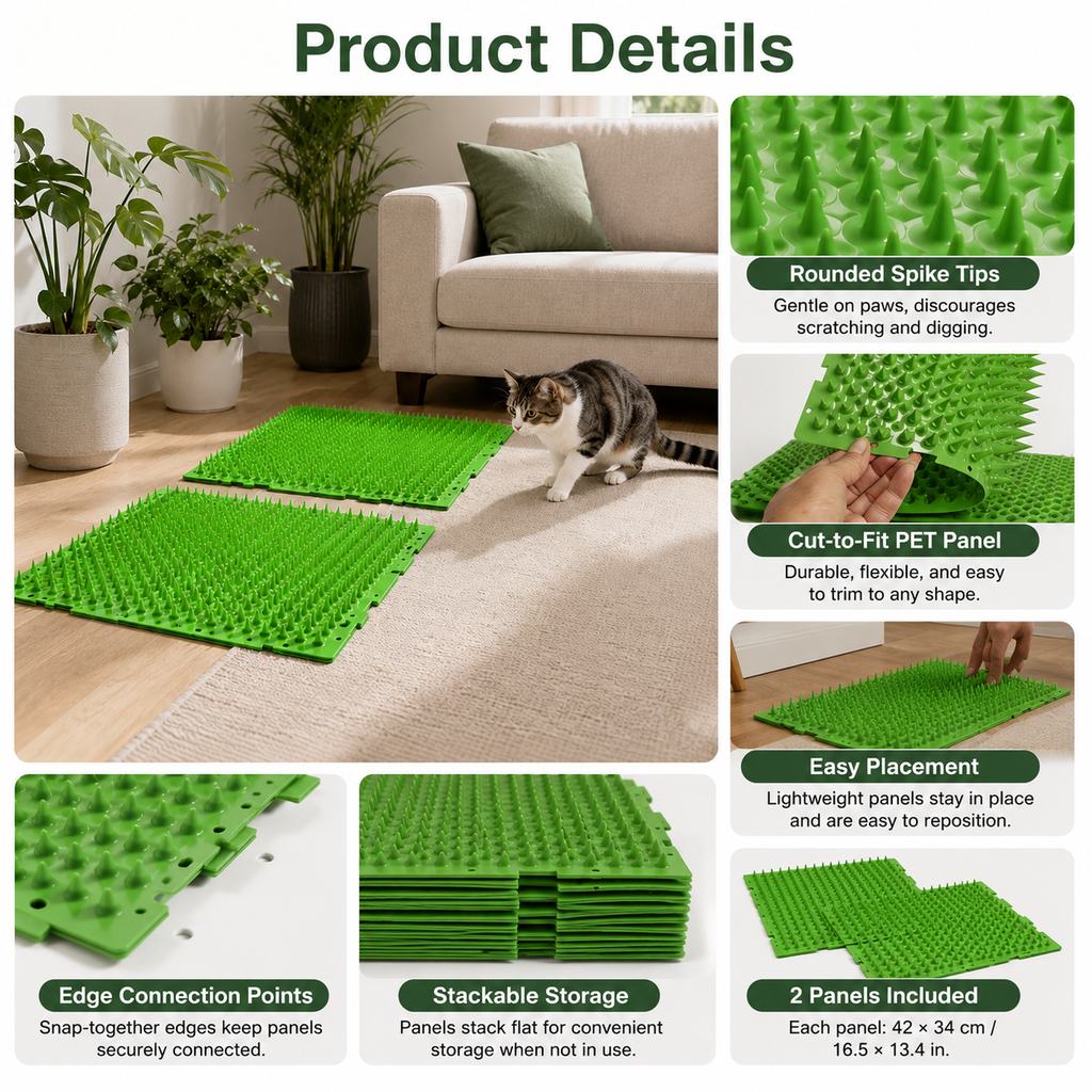 Malloren 2-Pack Green Cut-to-Fit Cat Deterrent Mat for Sofas, Plants & Balconies - Helps Protect Furniture from Scratching, Digging & Curious Paws