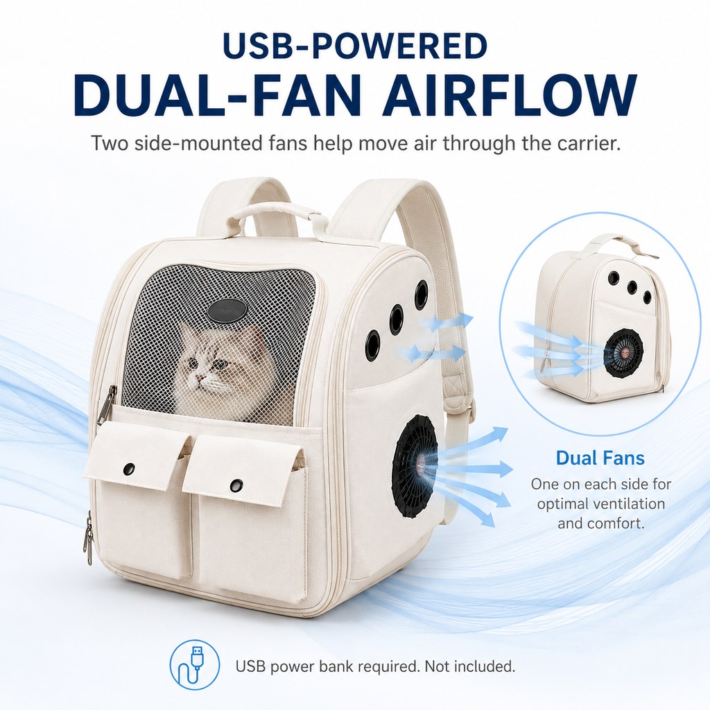 Malloren USB-Powered Dual-Fan Cat Carrier Backpack for Vet Visits & Everyday Travel - Fan-Assisted Cooling for Less-Stuffy Trips