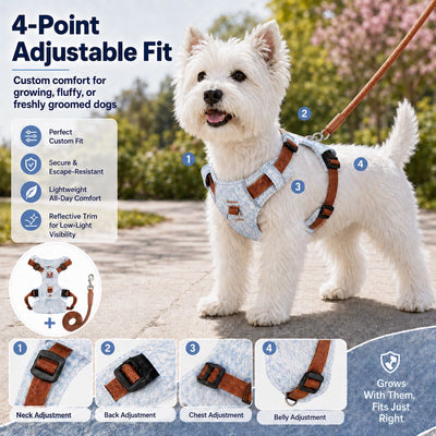 Malloren Vintage Denim No-Pull Dog Harness &5 ft Rope Leash Set - Soft Adjustable Vest for Everyday Walks, Better Control & Low-Light Visibility