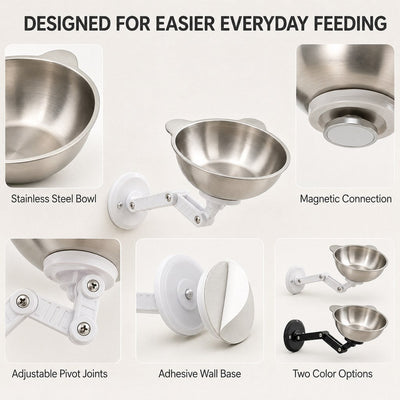 Malloren Adjustable Wall-Mounted Pet Bowl for Cats & Small Dogs - Space-Saving Magnetic Stainless Steel Bowl