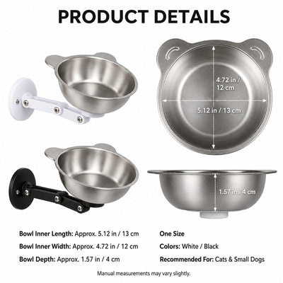 Malloren Adjustable Wall-Mounted Pet Bowl for Cats & Small Dogs - Space-Saving Magnetic Stainless Steel Bowl