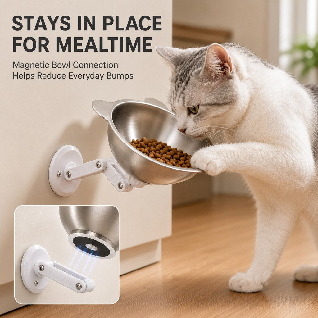 Malloren Adjustable Wall-Mounted Pet Bowl for Cats & Small Dogs - Space-Saving Magnetic Stainless Steel Bowl