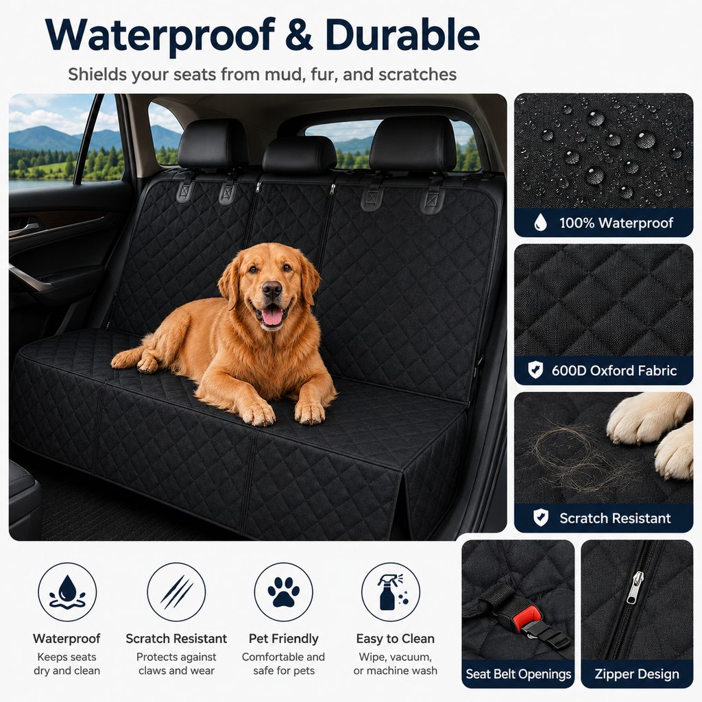 Malloren Waterproof Dog Car Back Seat Cover for Road Trips - Protects from Mud, Fur & Scratches