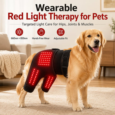 Malloren Wearable red light therapy sleeve for dogs, used for home care of the lower back and hind legs/hips.