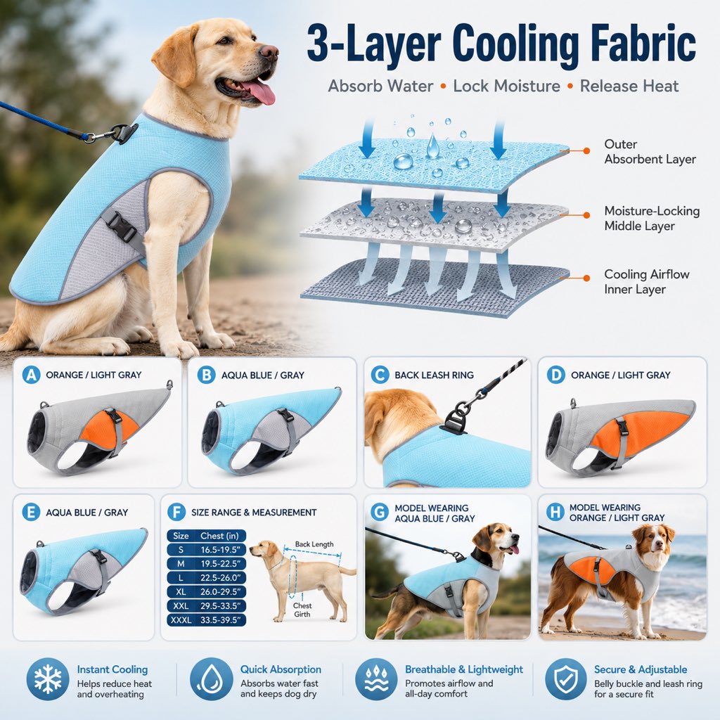 Malloren Dog Cooling Vest for Summer Walks - Wet-to-Cool Lightweight Jacket with Leash Ring for Hot Weather Outdoor Comfort