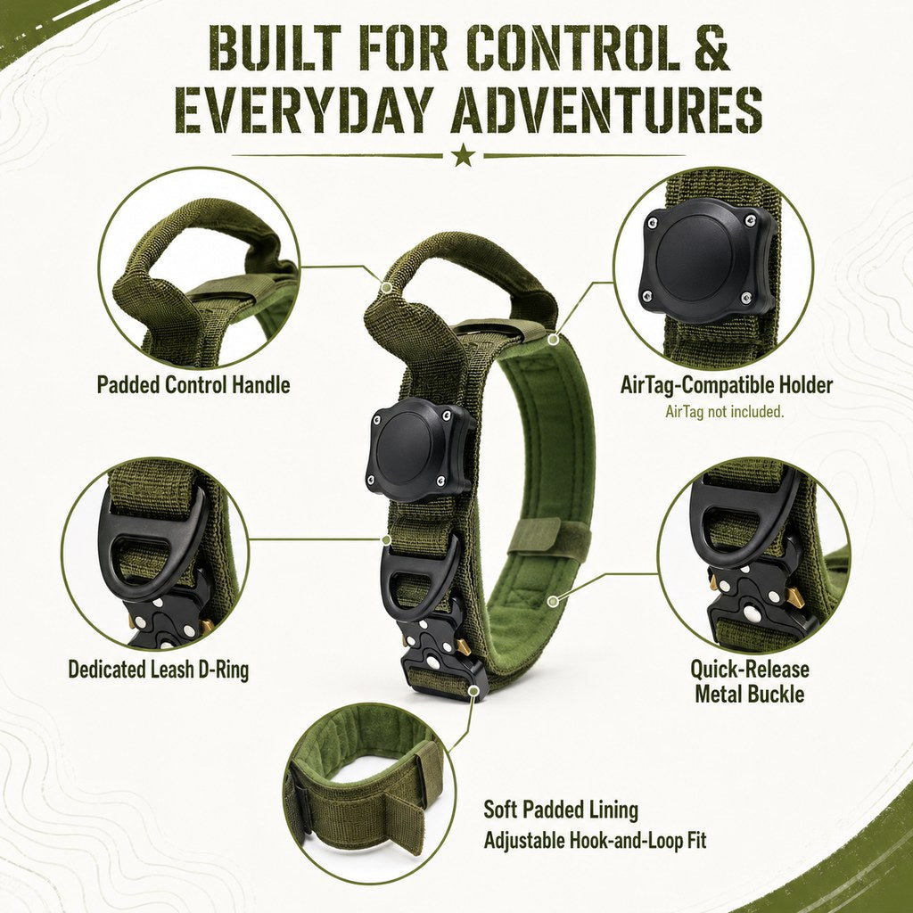 Malloren AirTag-Compatible Tactical Dog Collar with Control Handle - Close Control for Walks, Trails & Busy Areas