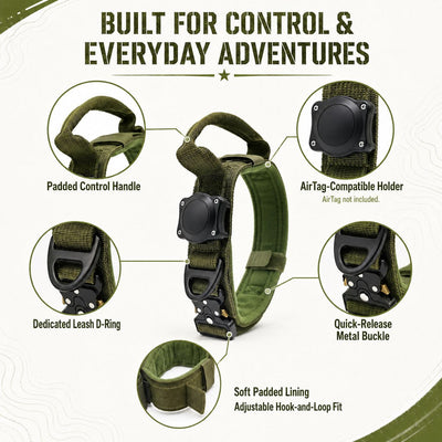 Malloren AirTag-Compatible Tactical Dog Collar with Control Handle - Close Control for Walks, Trails & Busy Areas