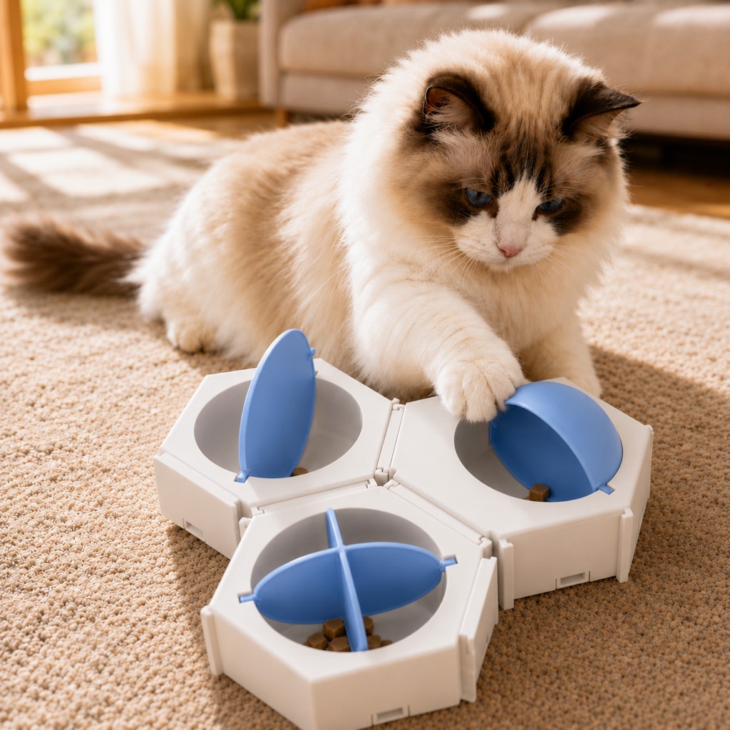 Malloren Modular Cat Puzzle Feeder Toy for Indoor Treat Time - Hexagon Slow Feeder Enrichment Game to Keep Bored Cats Busy