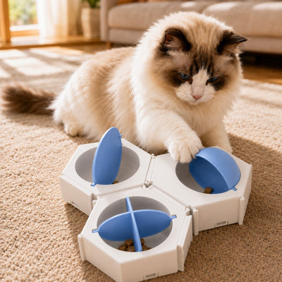 Malloren Modular Cat Puzzle Feeder Toy for Indoor Treat Time - Hexagon Slow Feeder Enrichment Game to Keep Bored Cats Busy