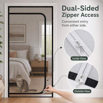 Malloren Zippered Pet Mesh Door Barrier for Bedrooms & Home Offices - Helps Keep Cats in Designated Rooms Without Closing the Door