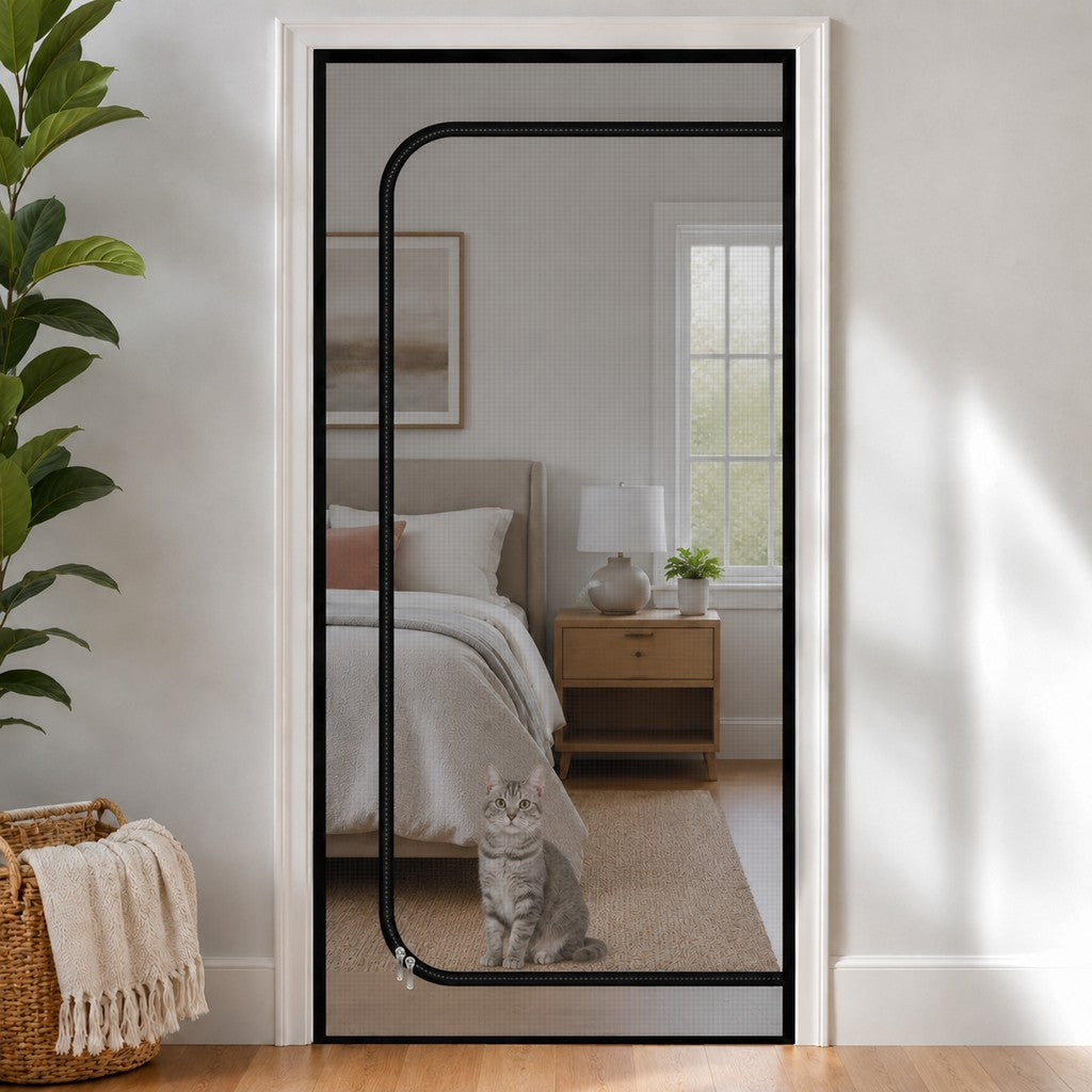 Malloren Zippered Pet Mesh Door Barrier for Bedrooms & Home Offices - Helps Keep Cats in Designated Rooms Without Closing the Door