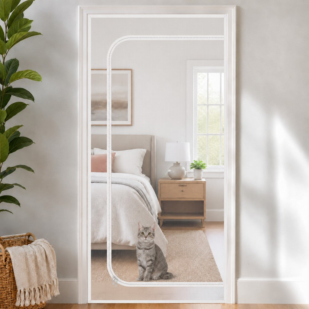 Malloren Zippered Pet Mesh Door Barrier for Bedrooms & Home Offices - Helps Keep Cats in Designated Rooms Without Closing the Door